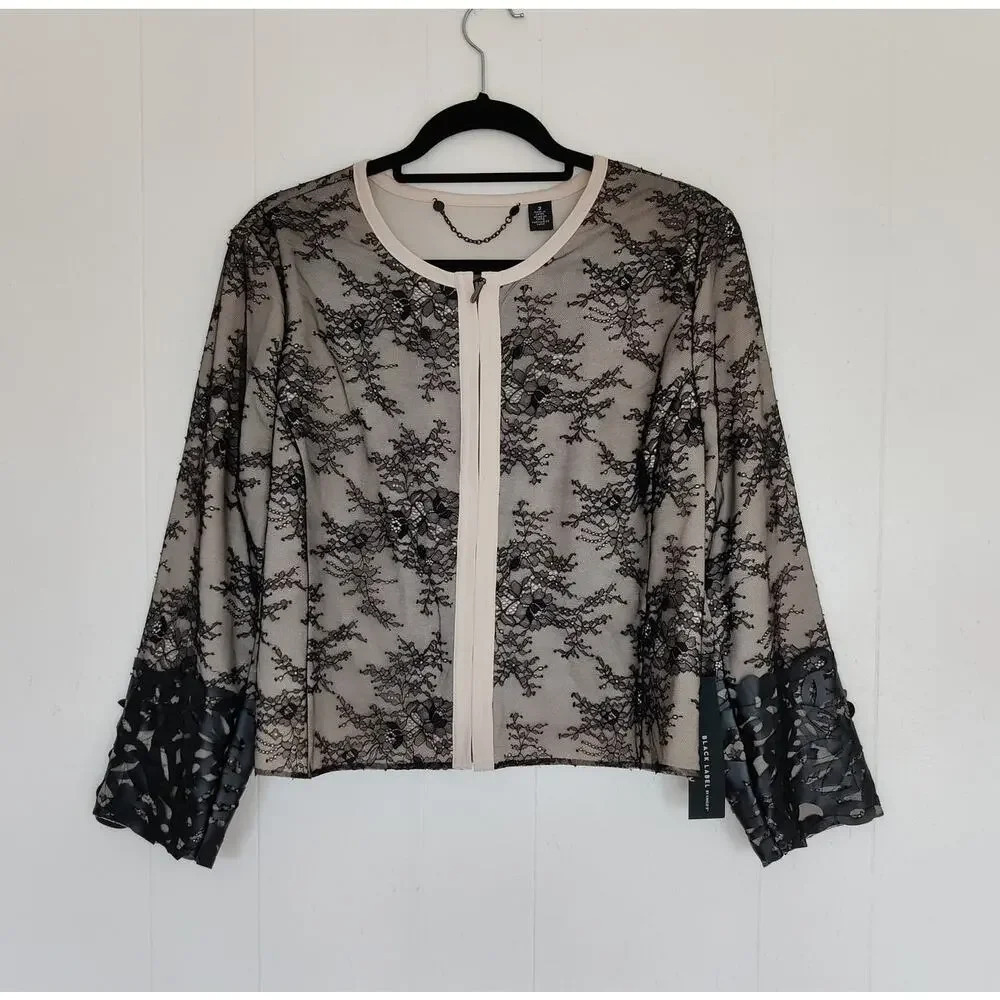 Black Label‎ Chico's Collection Floral Lace Cutwork Moto Jacket Black Sz L